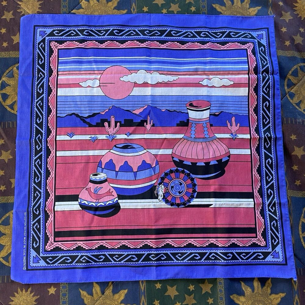 VTG Bandana Southwest Native American Pottery Graphics Made USA Turquoise